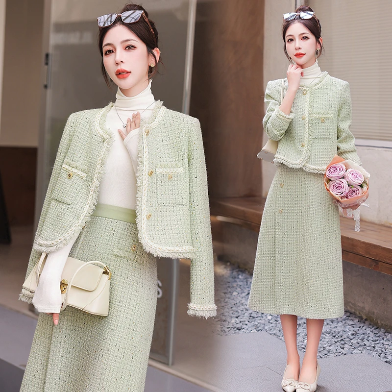 端庄大气女装套装秋款连衣裙小香风时尚洋气轻奢外套半身裙两件套