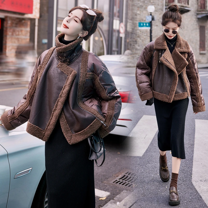 短款时尚复古宽松加厚秋冬冬季皮毛一体白鸭绒羽绒服气质拼接韩版