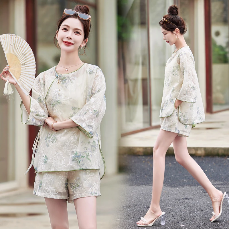 正品新款套装复古阔腿休闲中国风夏季休闲洋气减龄短袖气质夏装