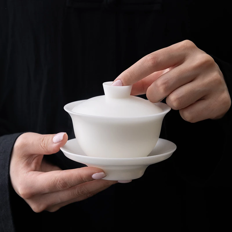 譕白德化白瓷冰种可悬停挂盖盖碗易清洗不沾茶渍中式盖碗茶具