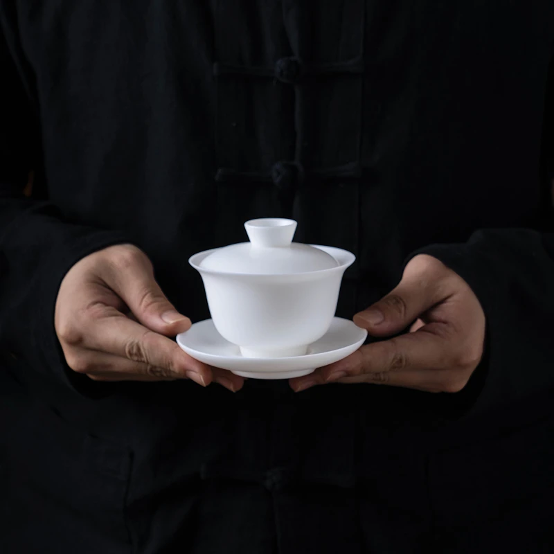 譕白德化白瓷手工三才盖碗茶具元宝盖碗150毫升素烧盖碗