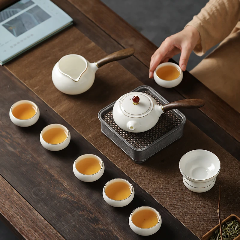 譕白德化羊脂玉瓷上釉侧把壶茶具套装描金侧把壶德化白瓷