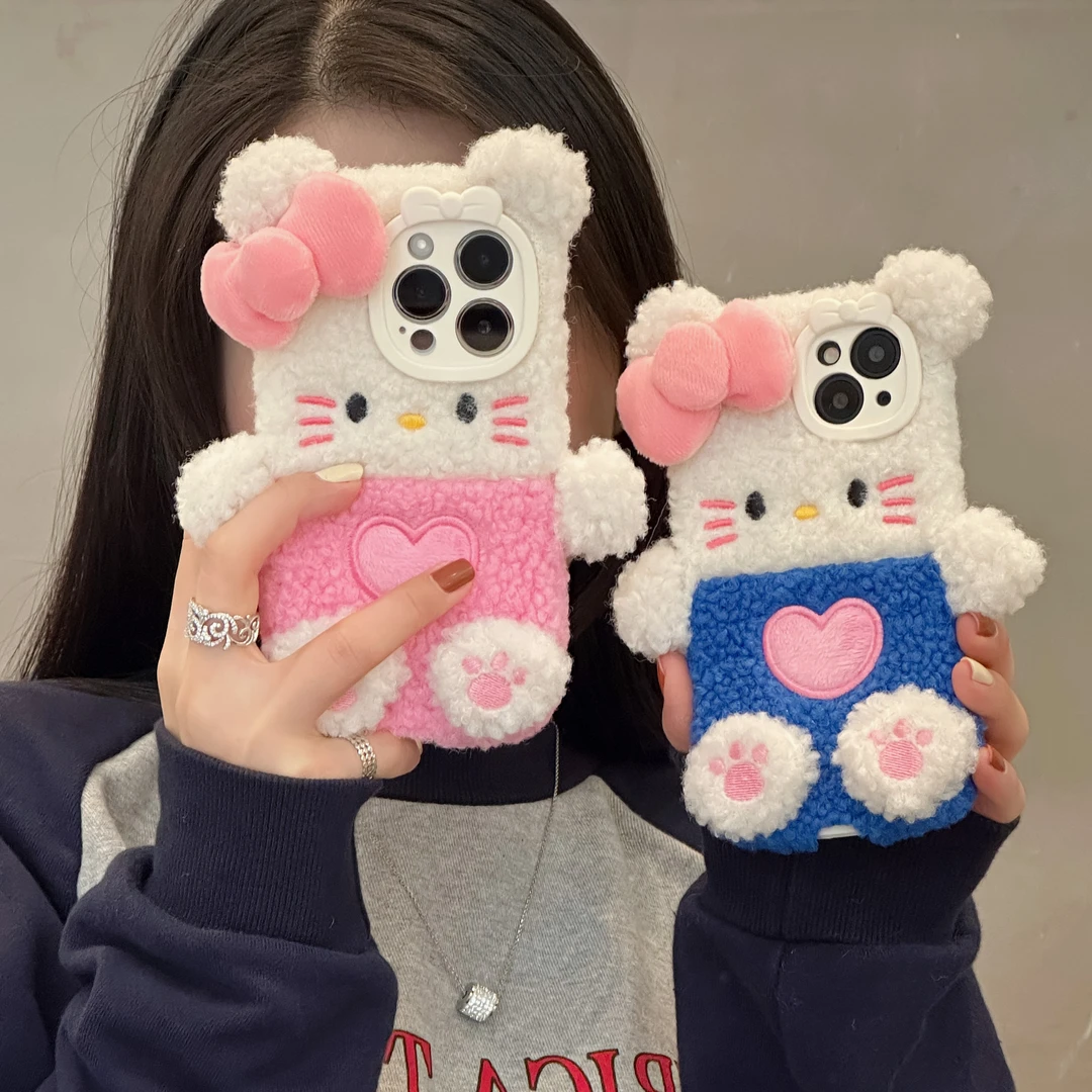 秋冬毛绒拼接蝴蝶结KT适用苹果15Pro手机壳iPhone14Promax可爱13