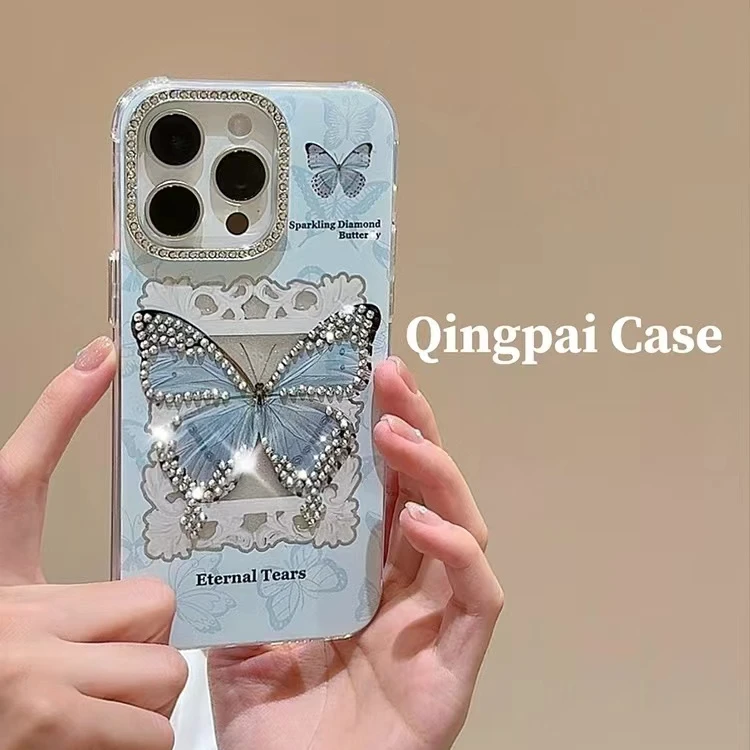 ins温柔气质立体水钻蓝色蝴蝶适用苹果15promax手机壳iPhone14pro