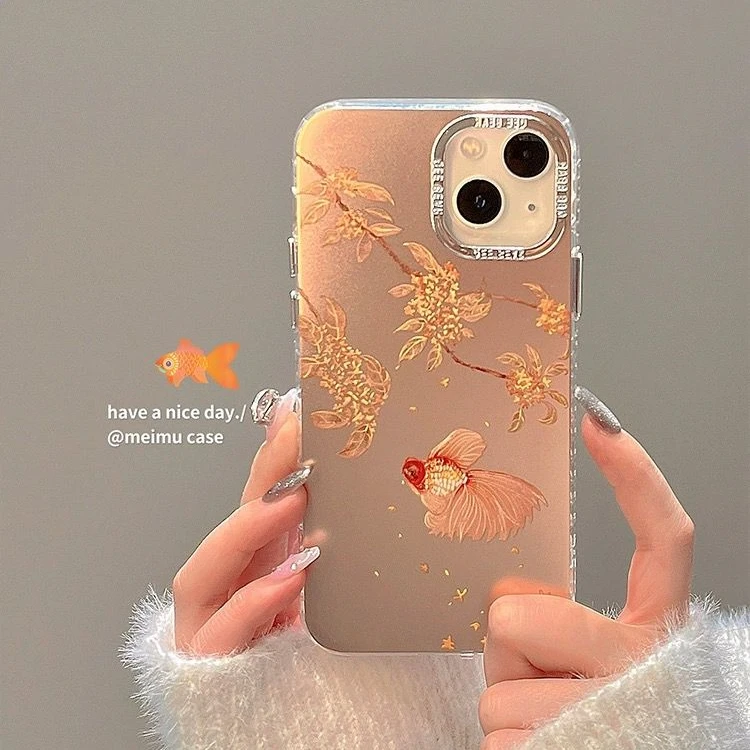 新中式可爱落叶好运锦鲤电镀手机壳适用苹果14promax/15pro防摔13