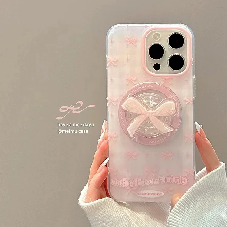 ins甜美粉格子蝴蝶结磁吸支架适用苹果15promax手机壳iPhone14pro