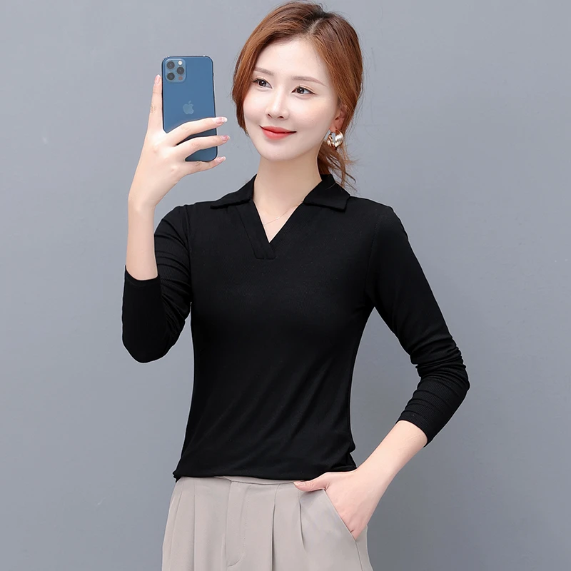 春秋长袖大码螺纹长袖POLO衫时尚百搭纯色V领翻领百搭打底上衣女