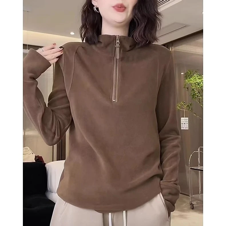 美拉德秋冬新款保暖德绒立领卫衣女高弹百搭打底衫叠穿拉链上衣潮