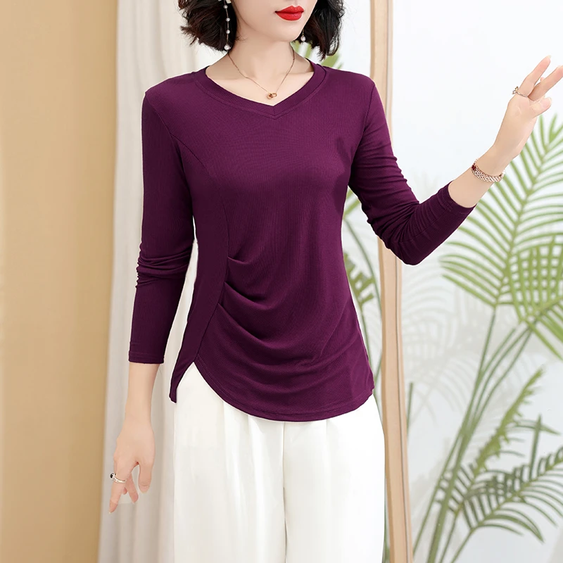 春秋新款大码中年女装长袖V领洋气遮肚子打底衫胖MM跳舞上衣百搭