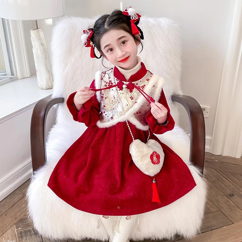 女童加绒冬季汉服连衣裙新年装女宝宝加厚裙子拜年服过年穿表演服