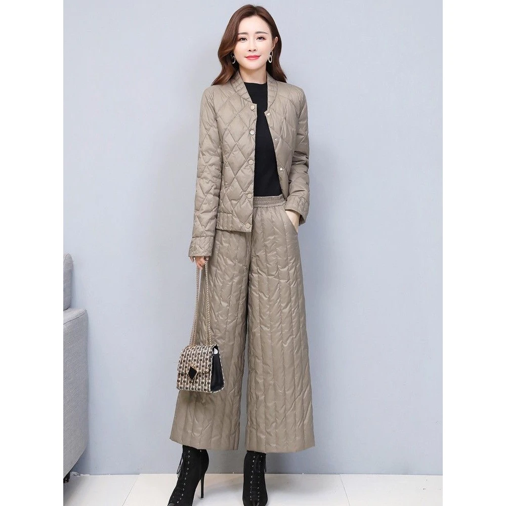 炸街菱格时尚套装女士2024年秋冬新款减龄纯色阔腿裤妈妈洋气欧货