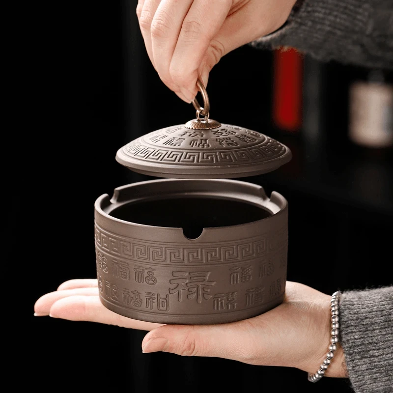 紫砂烟灰缸防飞灰百福复古创意时尚居家礼品送朋友家用台置百搭款