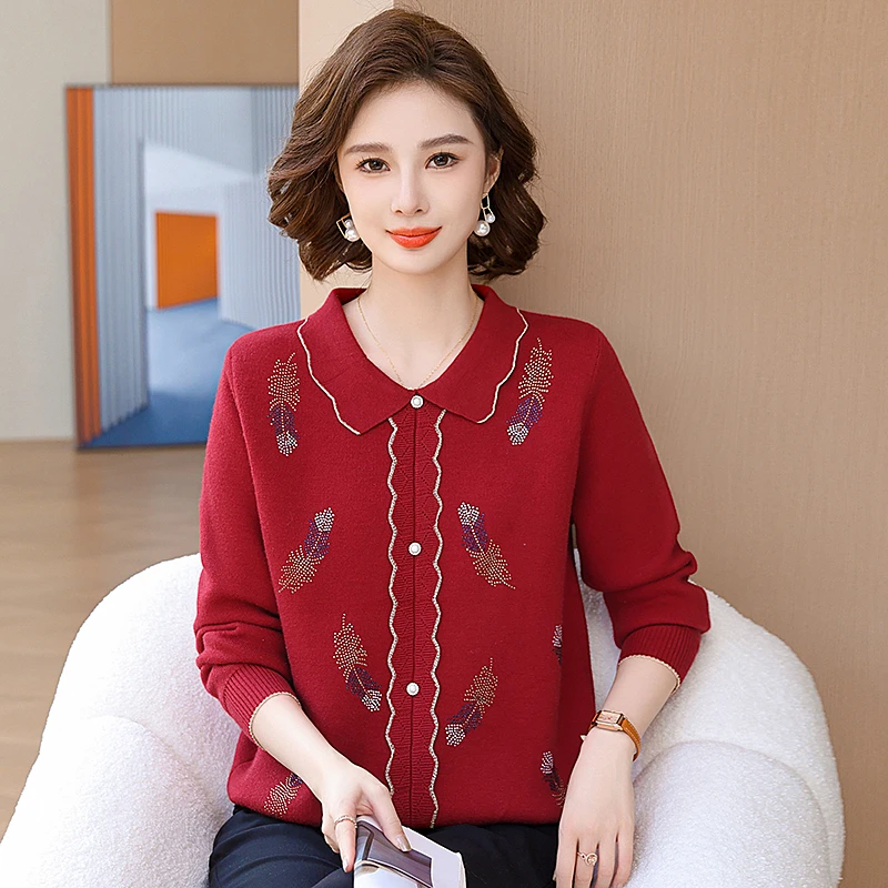 时尚妈妈装2023秋冬新款加绒假两件打底衫毛衣洋气中老年毛衣保暖