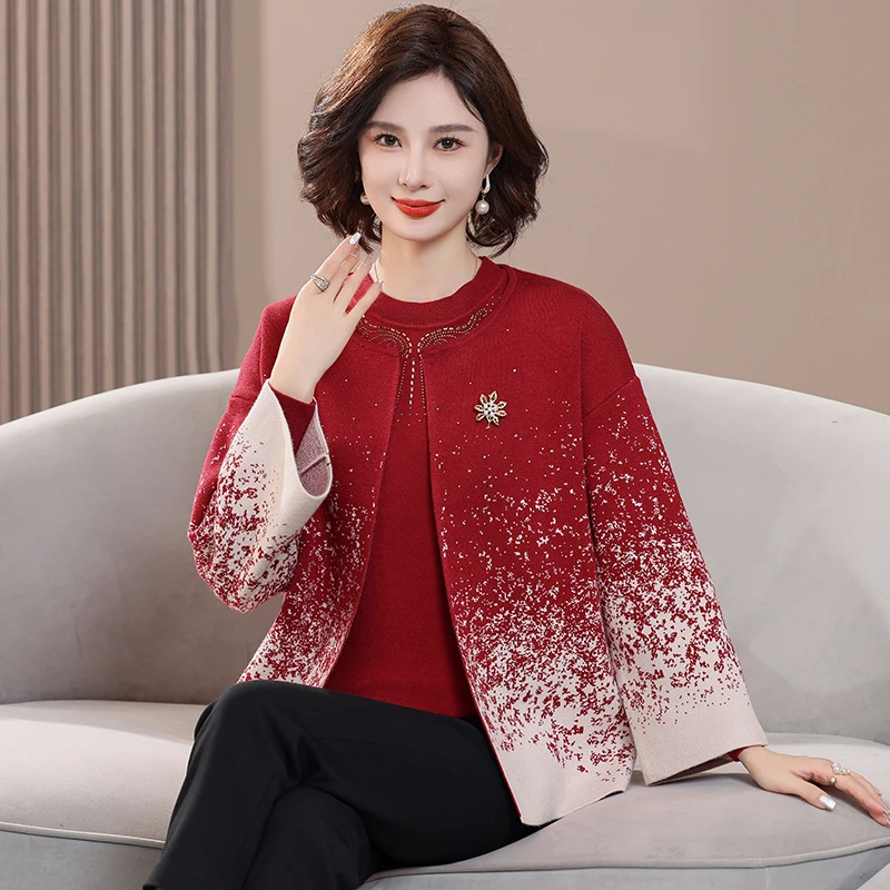 时尚妈妈秋装2023新款毛衣女两件套针织开衫洋气中老年上衣外套