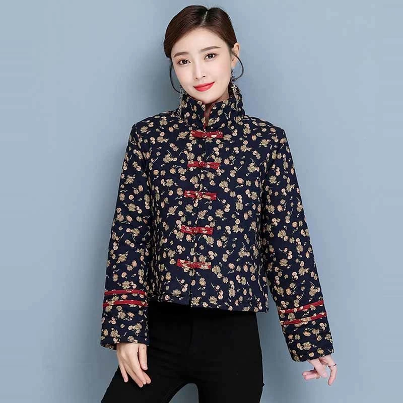 民族风碎花棉麻修身小棉袄女冬装新款复古立领盘扣加厚短棉衣外套