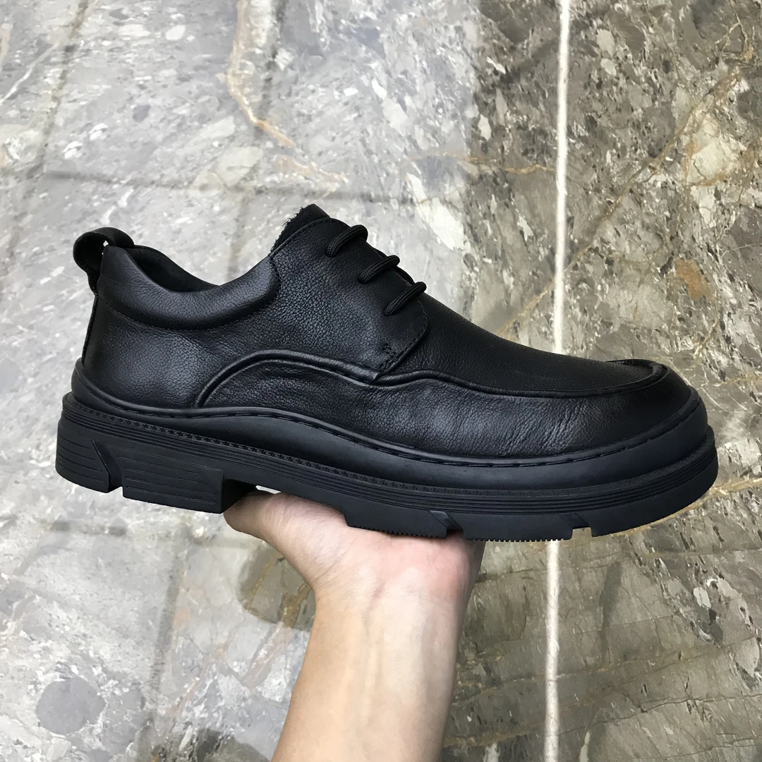 广州真皮商务男鞋厚底系带休闲皮鞋时尚百搭加宽加肥大头鞋子男士