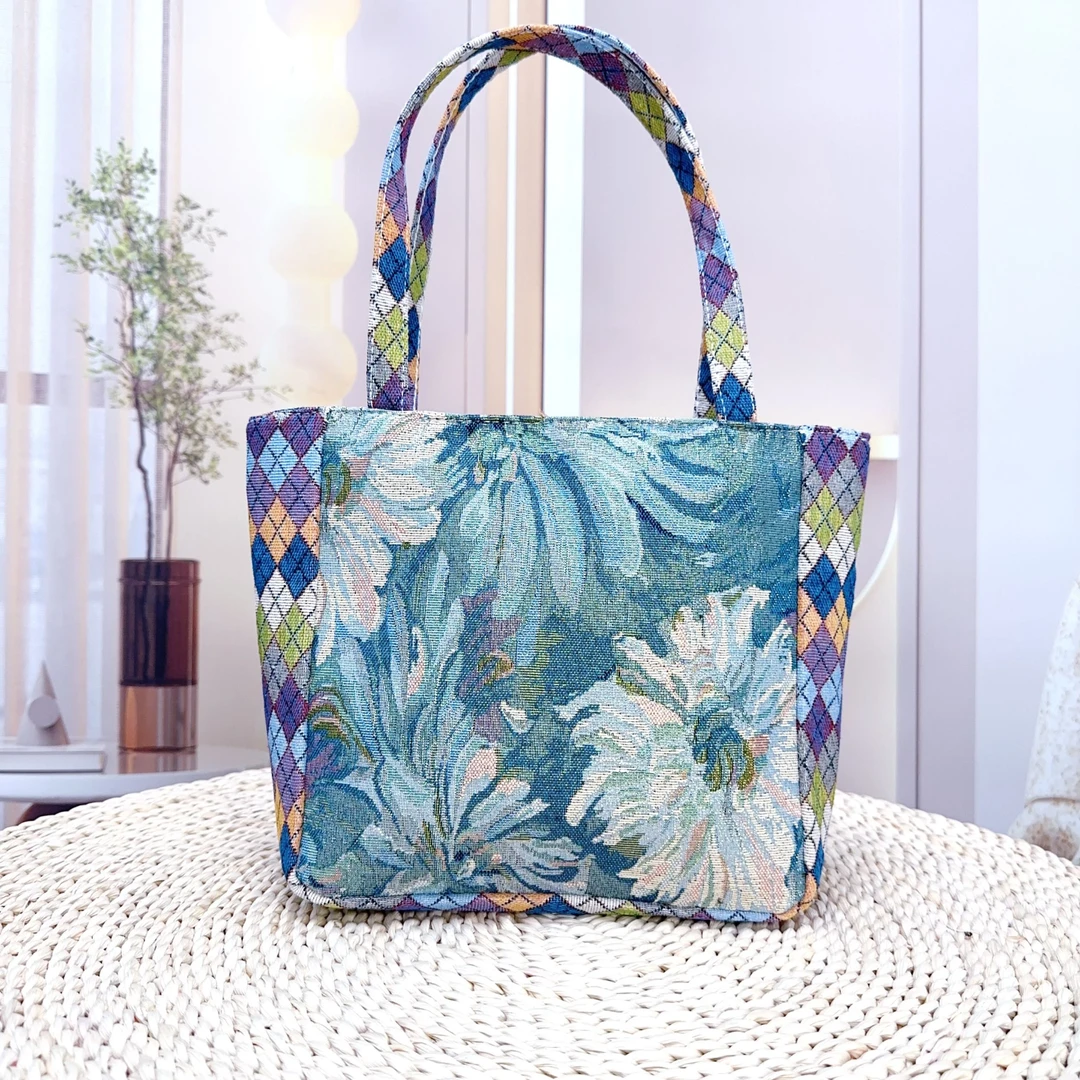 【菱格包-莫奈花园】新升级帆布包双面提花绣便当包日常小众手提包