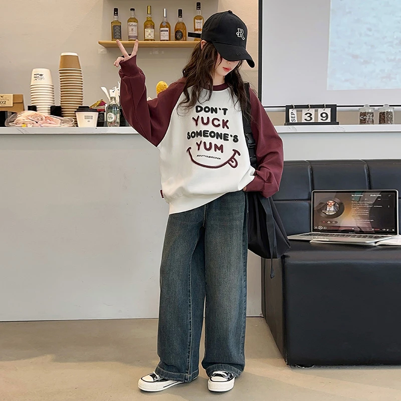 女童套装春秋2024新款中大童洋气韩版炸街休闲儿童卫衣牛仔阔腿裤