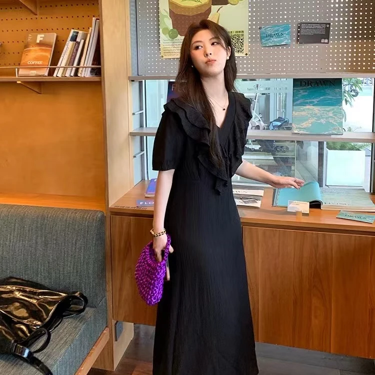 【反季现货-NAZ佳怡微胖高端定制】气质复古荷叶边V领收腰连衣裙