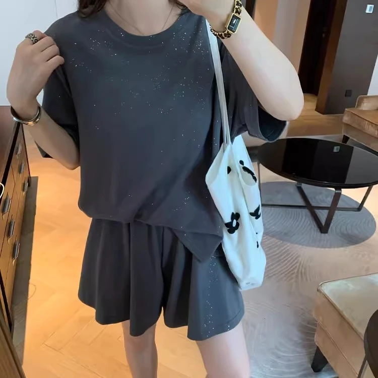 【反季现货-NAZ瑶瑶微胖高端定制】韩系休闲亮闪闪撒银短袖T恤短裤