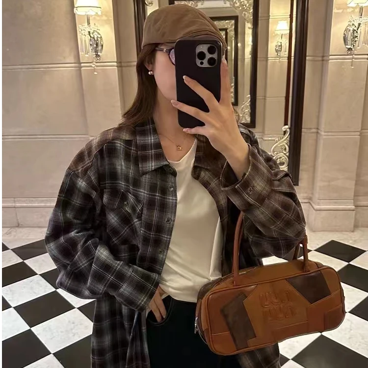 【现货秒发-NAZ微胖大码定制】美式复古宽松设计感拼接格子衬衫