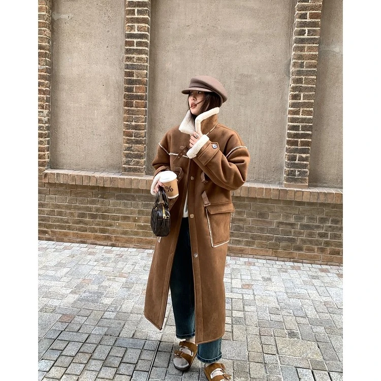 【现货秒发】冬季百搭显瘦长款皮扣外套