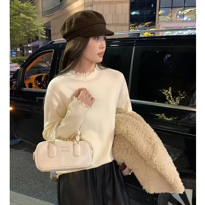 【现货秒发-NAZ微胖大码定制】时尚半高领木耳边宽松针织衫