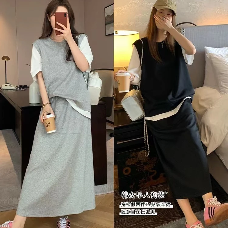 【NAZ微胖大码高端定制】运动套装设计感假两件短袖上衣半裙