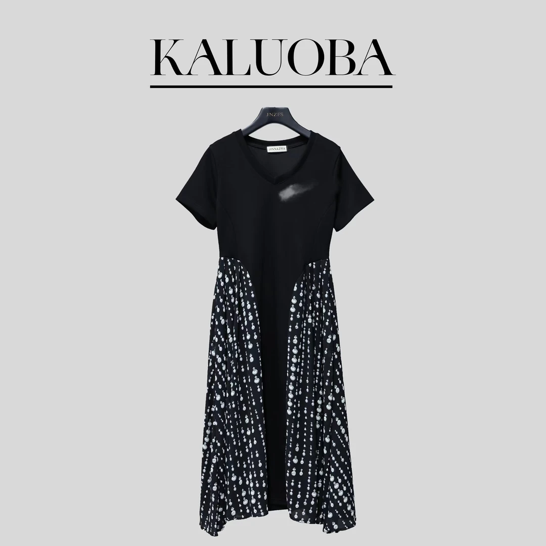 【原创大码设计师款】轻奢气质黑色时尚显瘦夏季拼接大码连衣裙3487