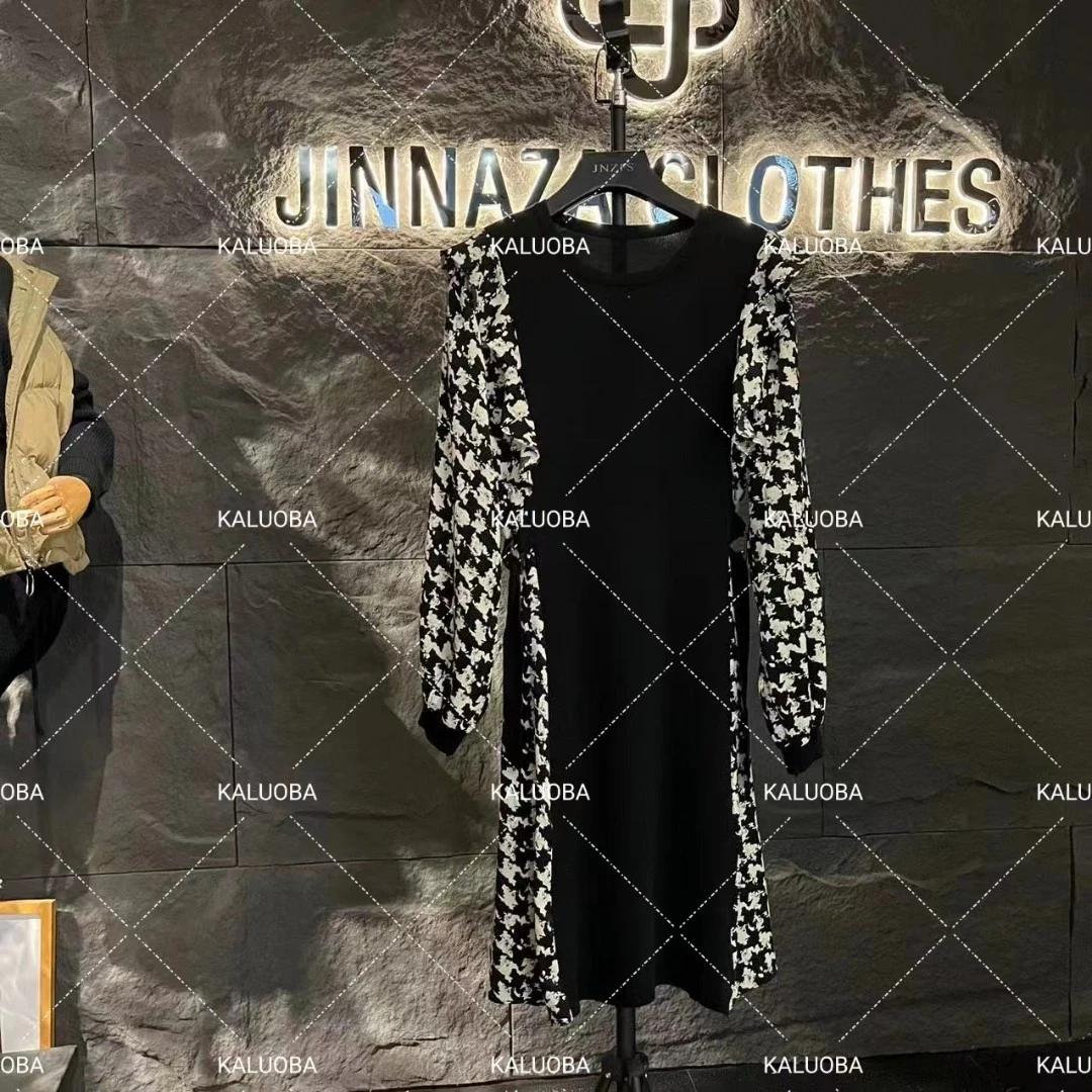 【原创大码设计师款】新款赫本风千鸟格假两件针织连衣裙2449#