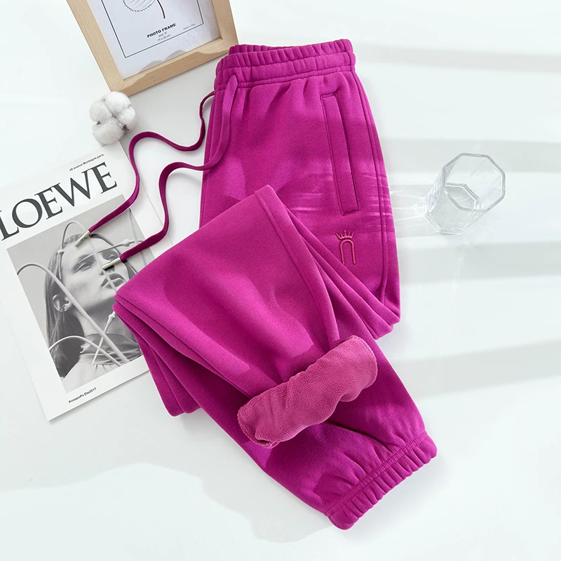 火龙果加绒运动裤女秋冬新款纯棉加厚卫裤女亮色保暖高腰休闲裤子