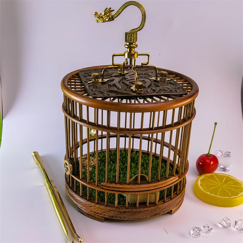 A87#徐一舟龙钩蝈蝈活体笼紫铜盖板铜食槽草花梨圆筒蝈蝈活体笼子