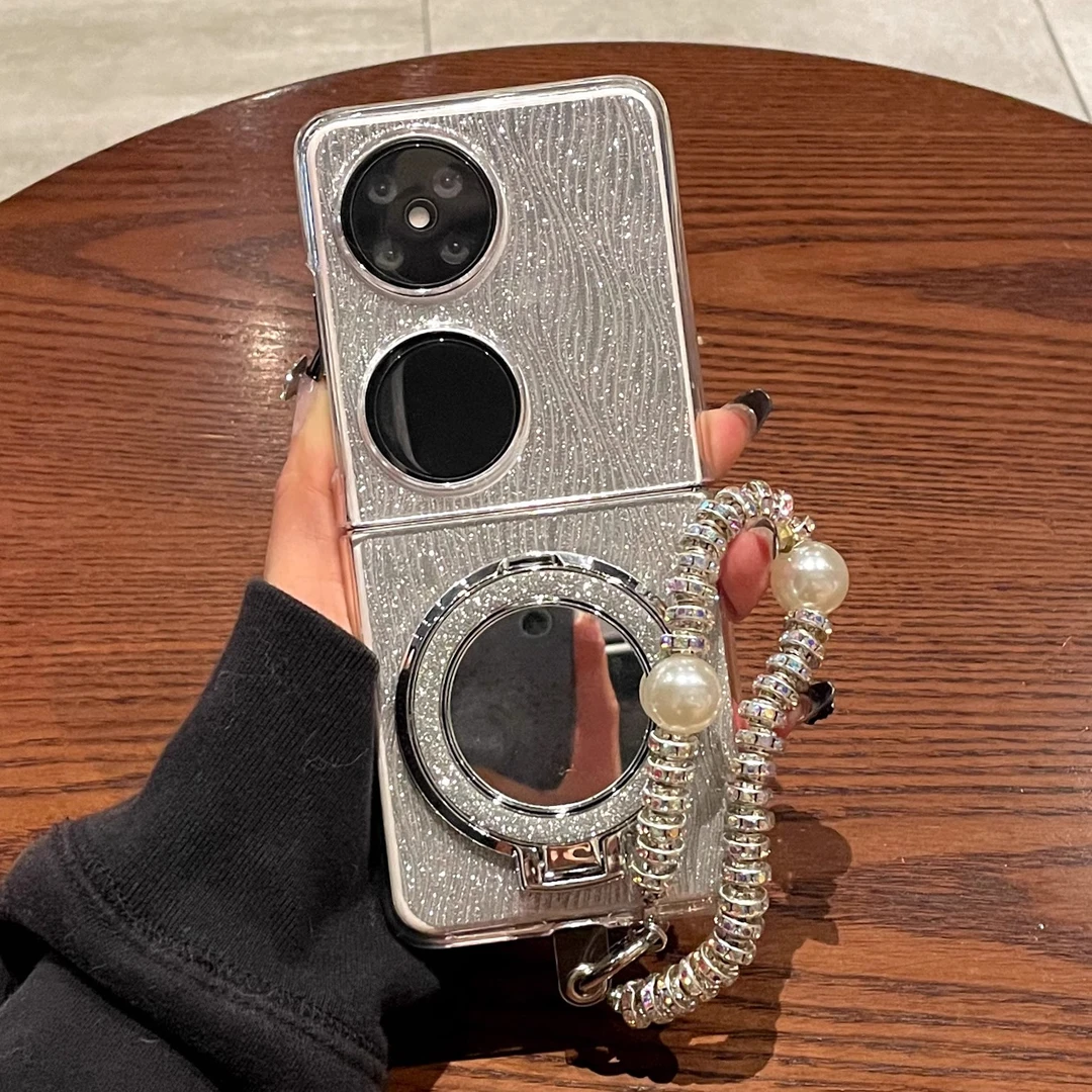 高级网红银色闪粉海浪纹镜面支架适用华为pocket2折叠手机壳新款