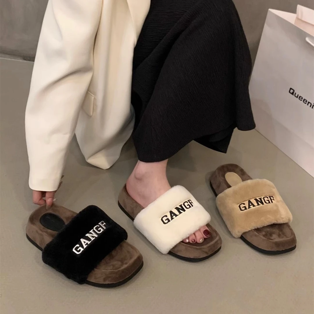【断码清仓】厚底毛拖鞋女外穿秋冬时尚小众高级感气质法式增高鞋女