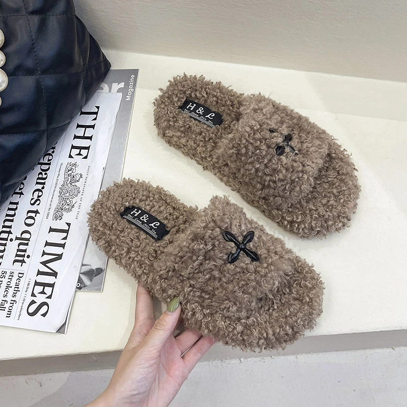 【断码清仓】秋冬新款网红小卷毛十字架保暖女时尚百搭一字毛毛拖鞋