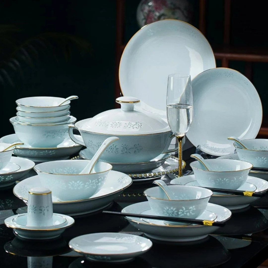 【景德镇艺桉】高白泥青瓷玲珑 餐具套装  高温瓷 乔迁礼品入豪宅