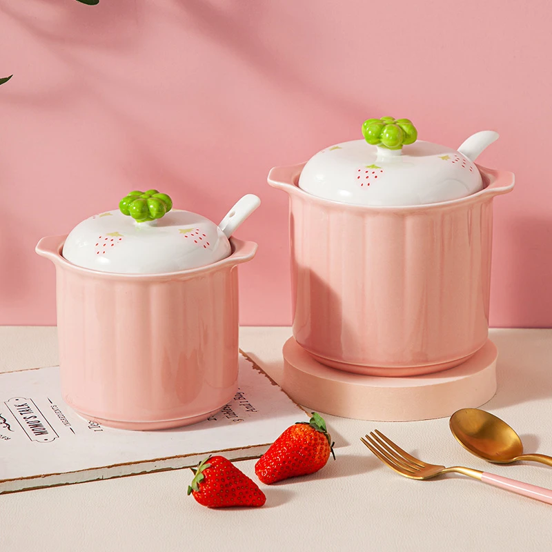 草莓可爱大号猪油罐家用陶瓷带盖带勺辣椒油专用罐子调味罐大容量