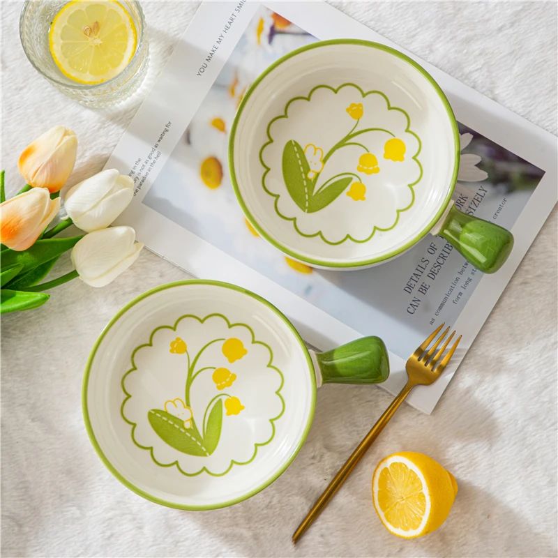 铃兰兔陶瓷大号手柄碗*1个 带把手的碗高颜值网红款餐具烤碗家用