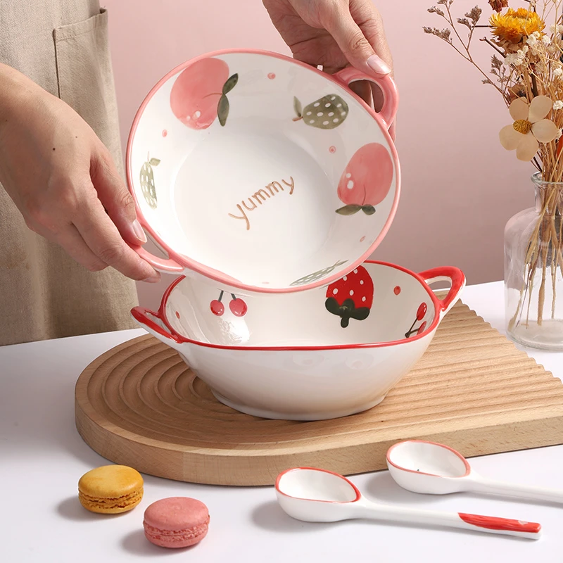 水果可爱卡通陶瓷双耳汤碗大号家用面碗套装网红款高颜值双耳碗