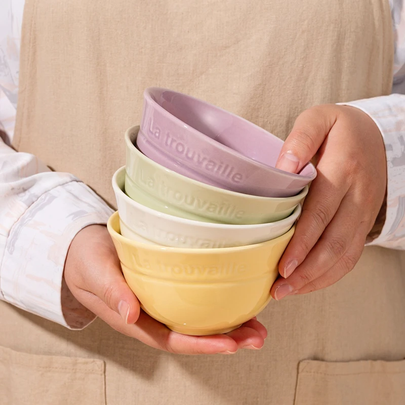 珐彩4.5英寸奶油色陶瓷米饭碗*4个套装 网红高颜值吃饭碗家用餐具