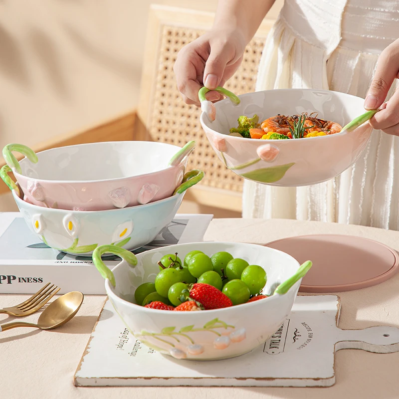 花朵高颜值陶瓷双耳大号渐变色汤碗家用少女心网红款釉下彩拉面碗