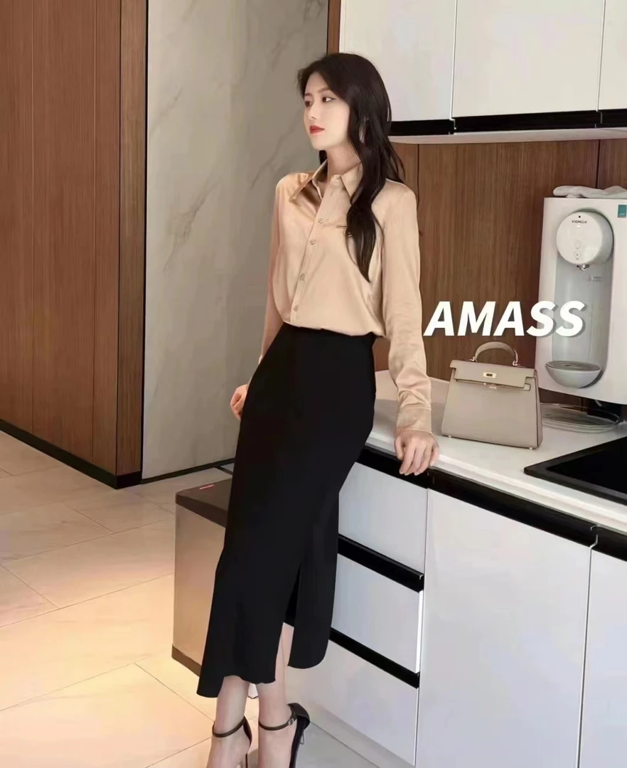 AMASS/阿玛施高腰显瘦气质时尚开叉经典黑色百搭巴黎裙女 5200258
