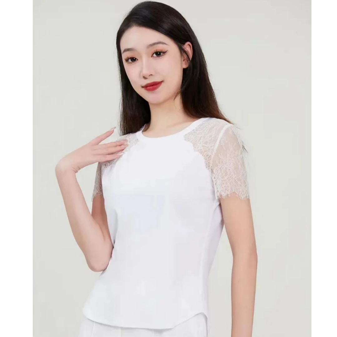 AMASS/阿玛施夏季蕾丝显瘦设计感镂空拼接时尚名媛圆领T恤5300653
