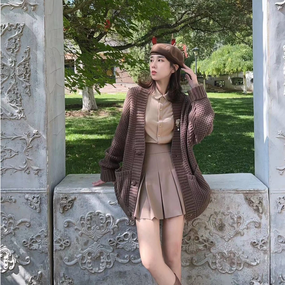 AMASS/阿玛施秋冬气质百搭松弛感V领华夫格廓形针织开衫 5499286