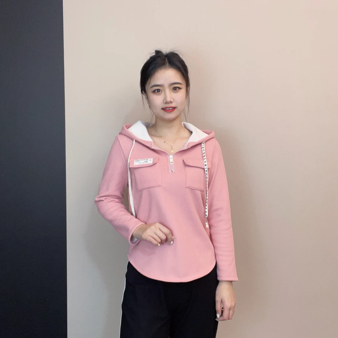 纯色简约休闲秋冬加厚时尚显瘦女款韩版-套头小衫连帽2301A