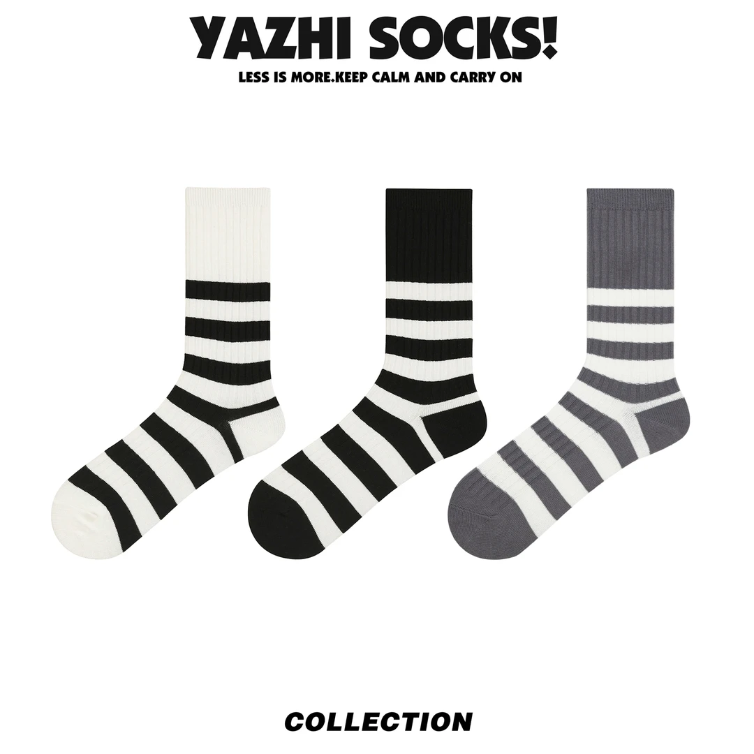 YAZHI 袜子女棉中筒斑马条纹袜黑白小众韩版简约白色潮流韩版潮