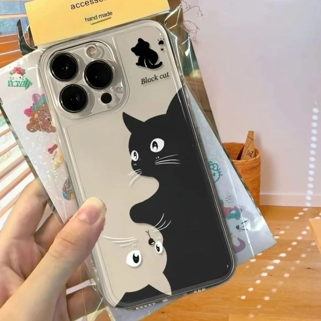 可爱黑白猫咪iPhone15promax全包14plus透明13Pro硅胶12小清新软x