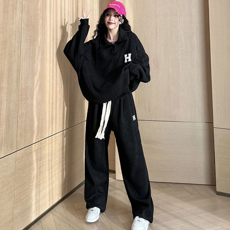 胖mm大码300斤休闲运动套装女早秋薄款宽松长袖卫衣阔腿裤两件套.