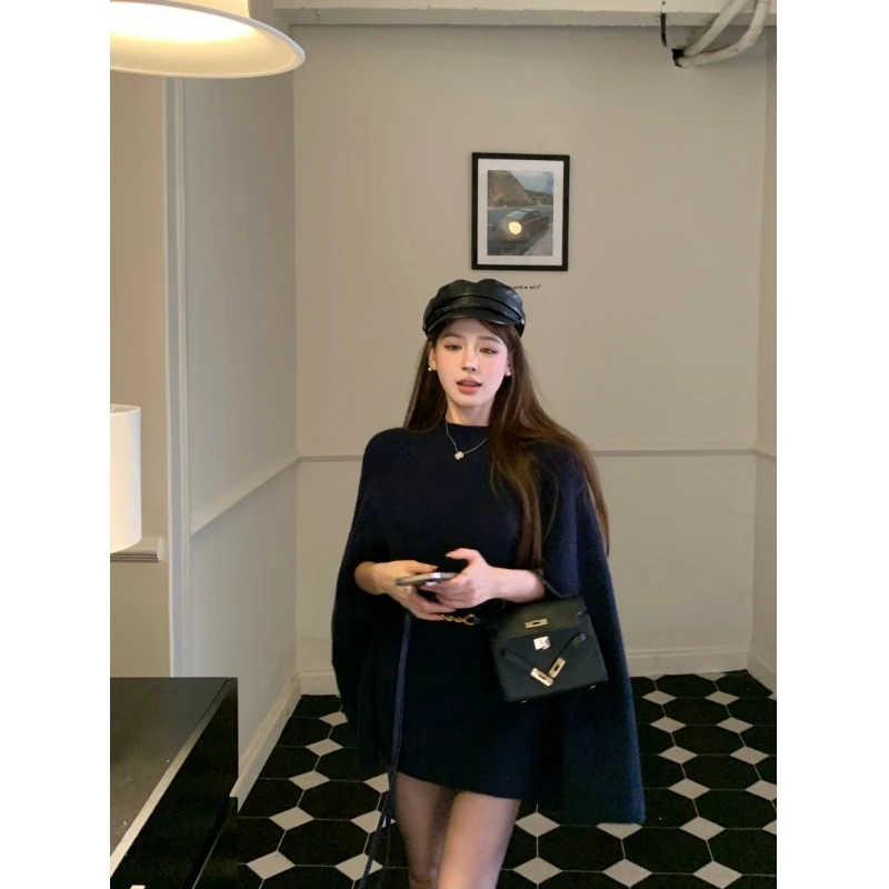半高领针织斗篷毛衣外套女秋冬复古藏蓝色慵懒风宽松休闲袖套上衣