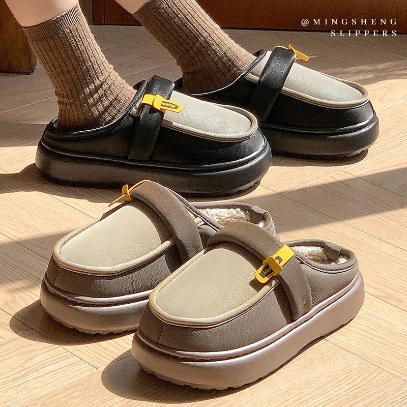 2024冬季新款棉拖女鞋小皮鞋加绒保暖外穿休闲居家防水拖鞋